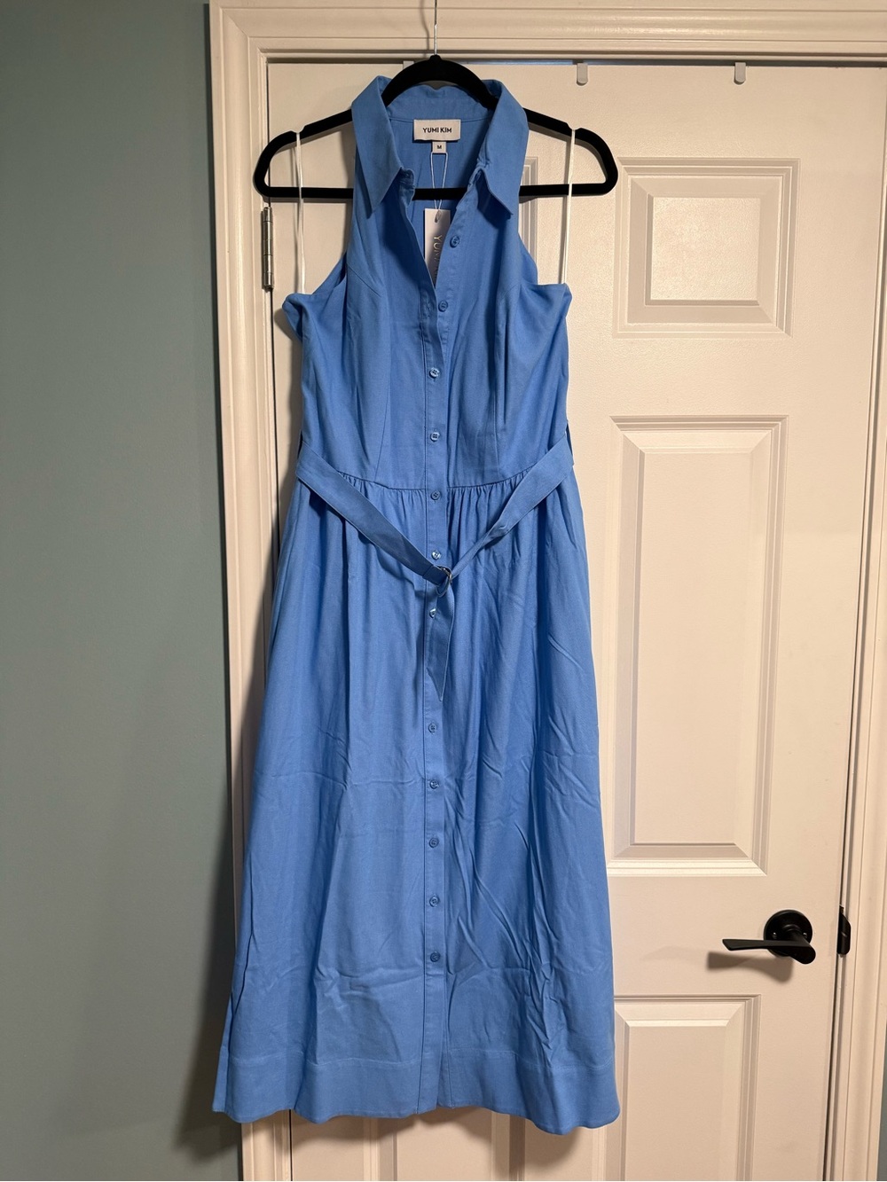 Yumi Kim Blue Sleeveless Midi Shirt Dress with Tie Waist